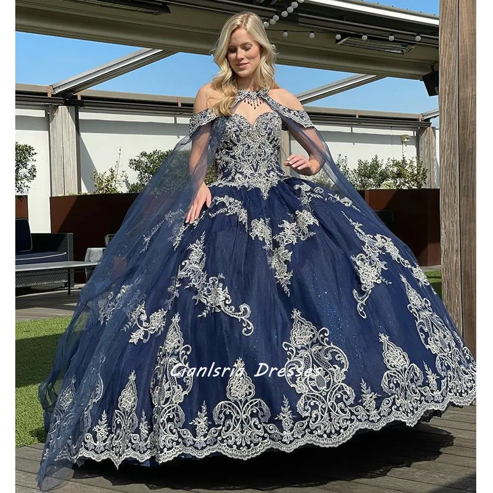 Vestido de quinceañera sin mangas con cuello Halter para niña, vestido de fiesta con apliques de capa, corsé de encaje con espalda abierta, color azul marino, 15