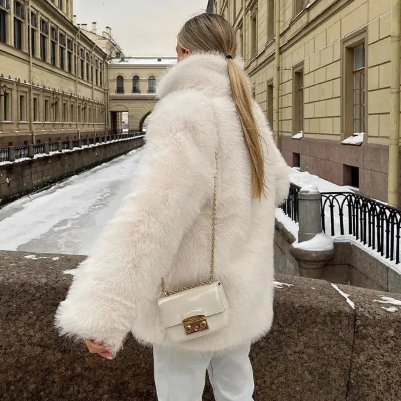 

2026 Artificial Fur Coat Lapel Long Sleeve Jacket Women's Fluffy Top Loose Plush Warm Casual Overcoat Winter Fashion Outerwear