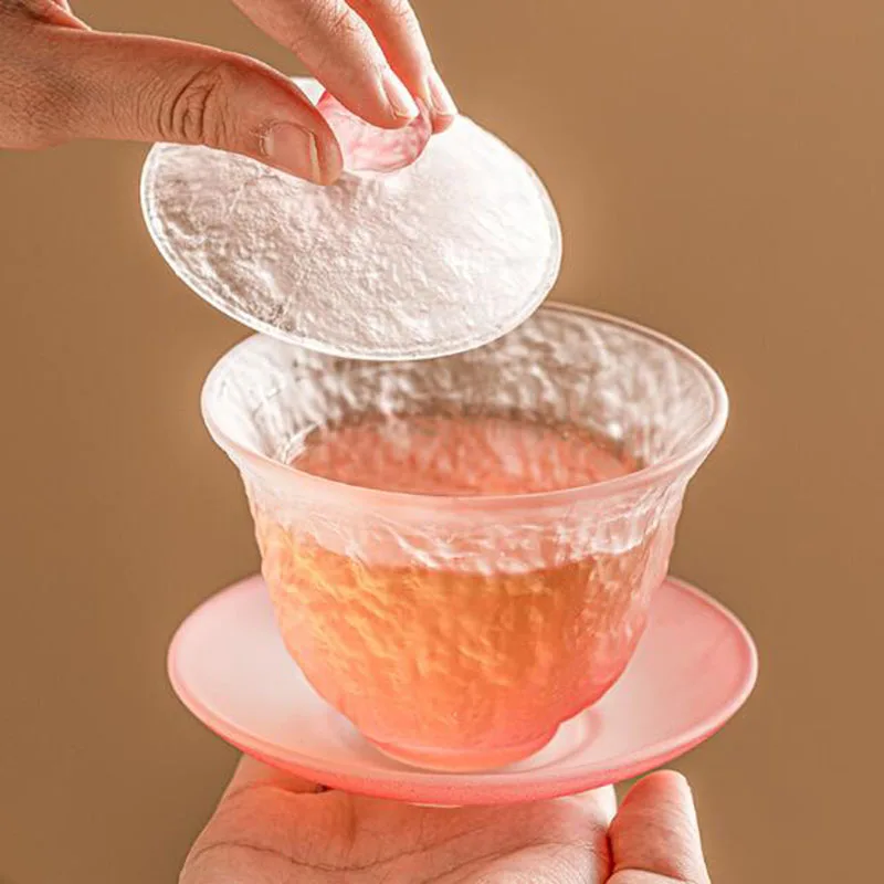 Glass Gradual Change Pink Color Sancai Gaiwan Tea Tureen Household Infuser Bowl Kungfu Tea Cup Kitchen Teaware