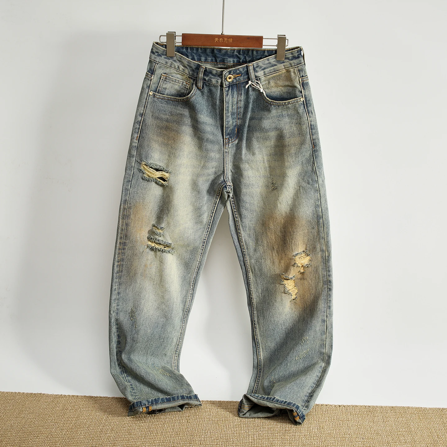

High Street Men's Distressed Cone Washed Jeans Retro Vintage High Quality Trendy Brand Long Pants Straight Leg Torn Blue Jeans
