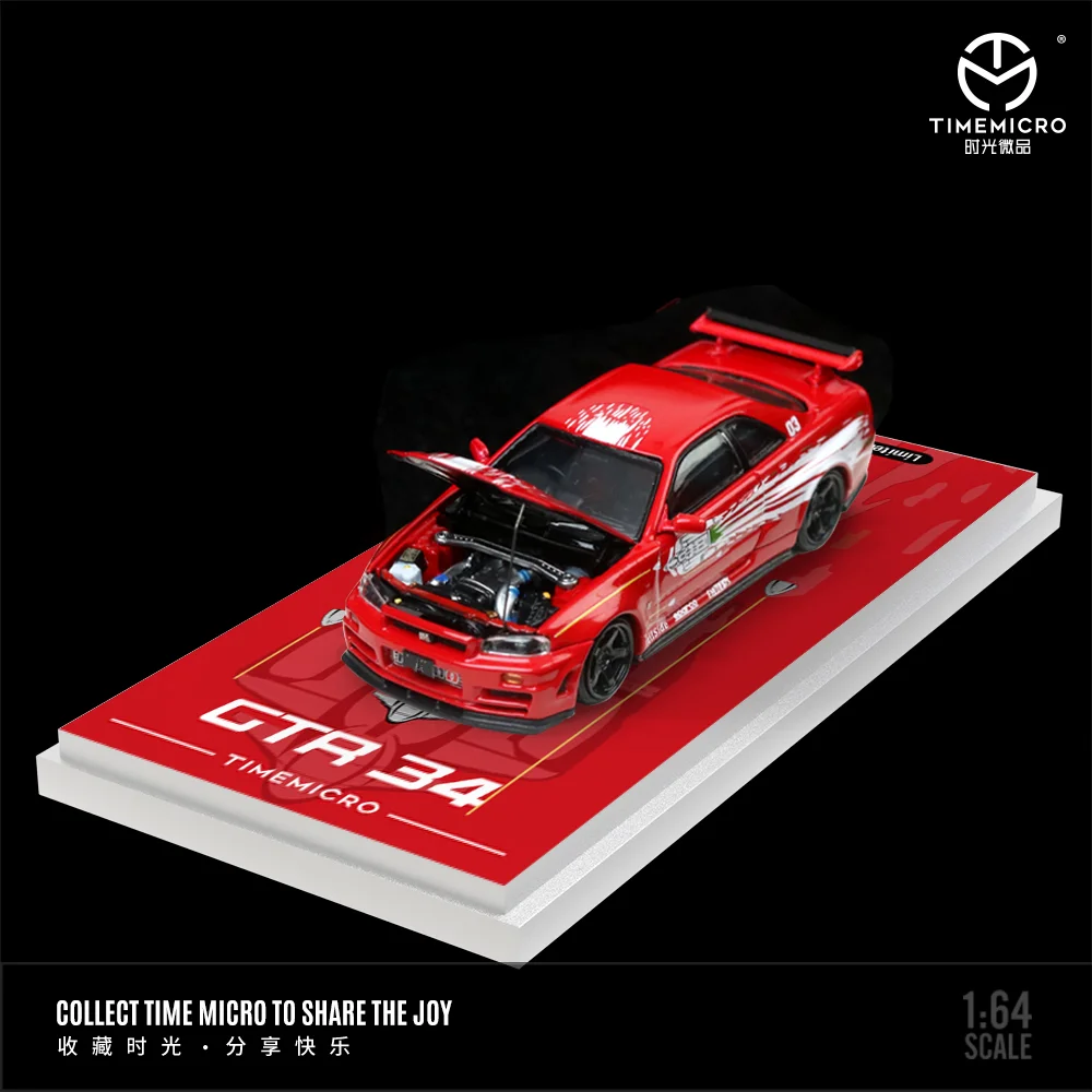 TIME MICRO 1:64 GTR34 Red and yellow Car Open Cover Model Car for Collection & Display & Gift