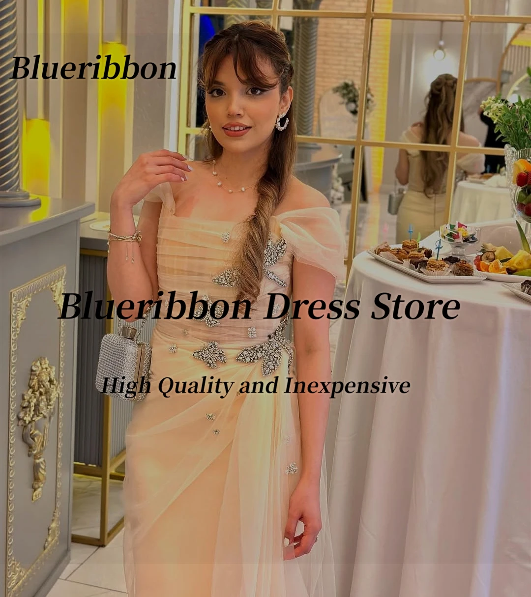 Blueribbon op maat gemaakte galajurken met kralen strapless off-shoulder avondjurken ruches zijsplit tule verjaardagsfeestjurk