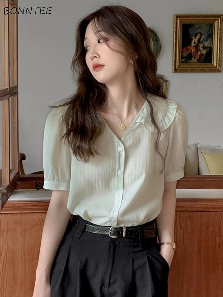 

Women Shirts Design Sweet Simple Peter Pan Collar Leisure Tender Elegant Mature Daily All-match Puff Sleeve Summer Thin Ulzzang