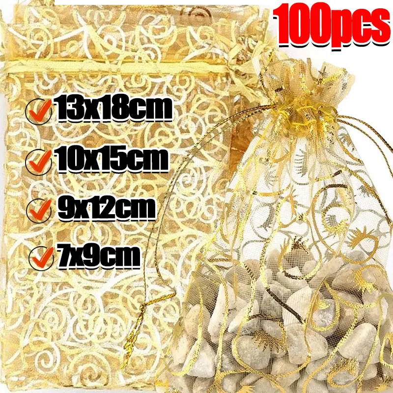 

10-100pcs Christmas Organza Gift Bags Jewelry Candy Packaging Drawstring Pouches Xmas Wedding Party Favor Multipurpose Packing