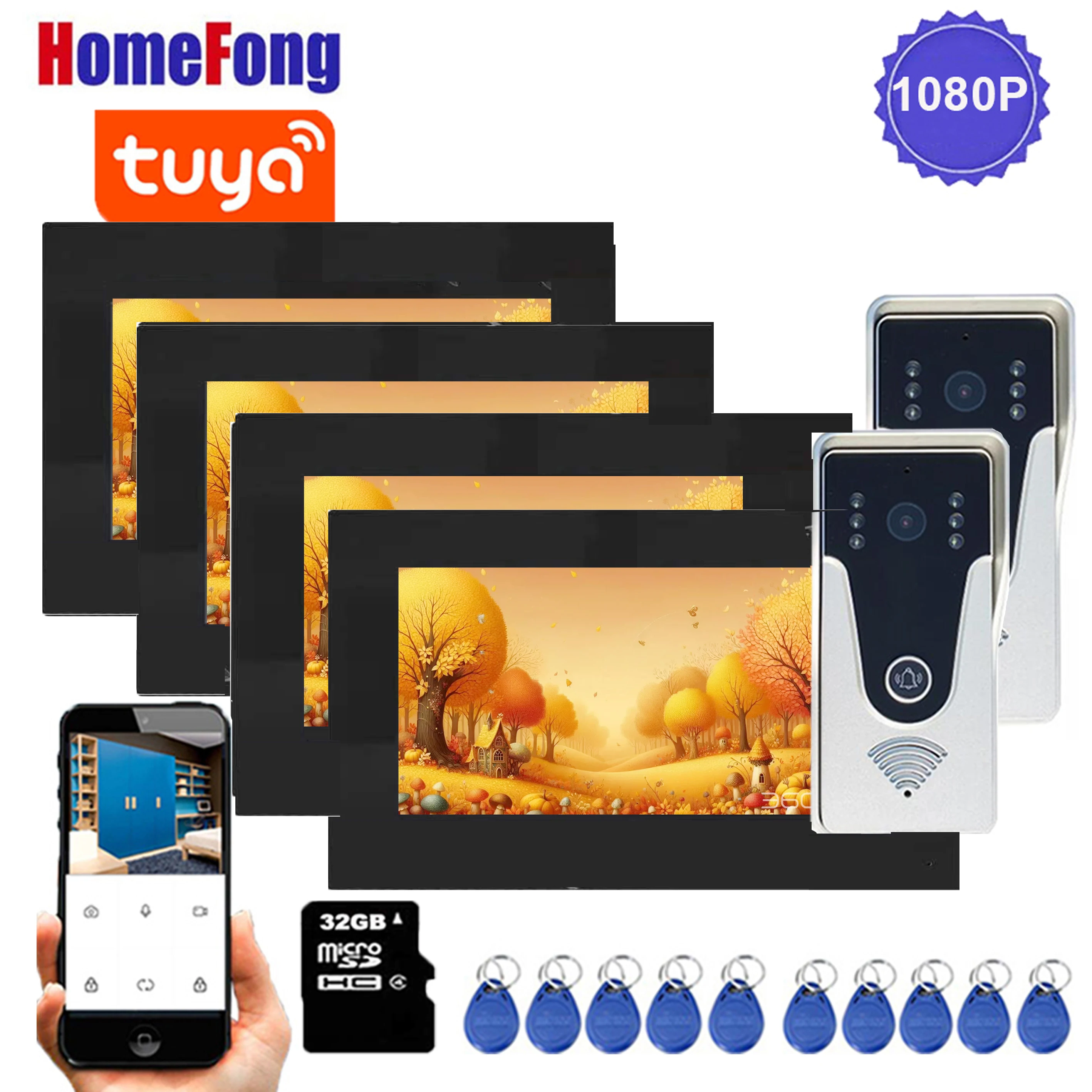 Homefong sistem interkom WiFI 7 inci, untuk Monitor rumah, panggilan, pintu Transfer, telepon, 1080P, bel pintu RFID, buka kunci pintu Tuya App Remote