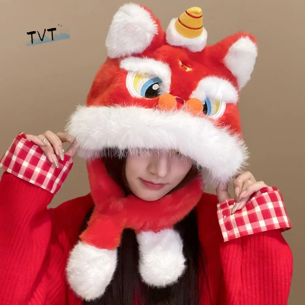 

Creative Ear Muffs Lion Dance Hat Thickened Ears Can Move New Year Red Cap Cute Soft Ear Protection Cap New Year Gift