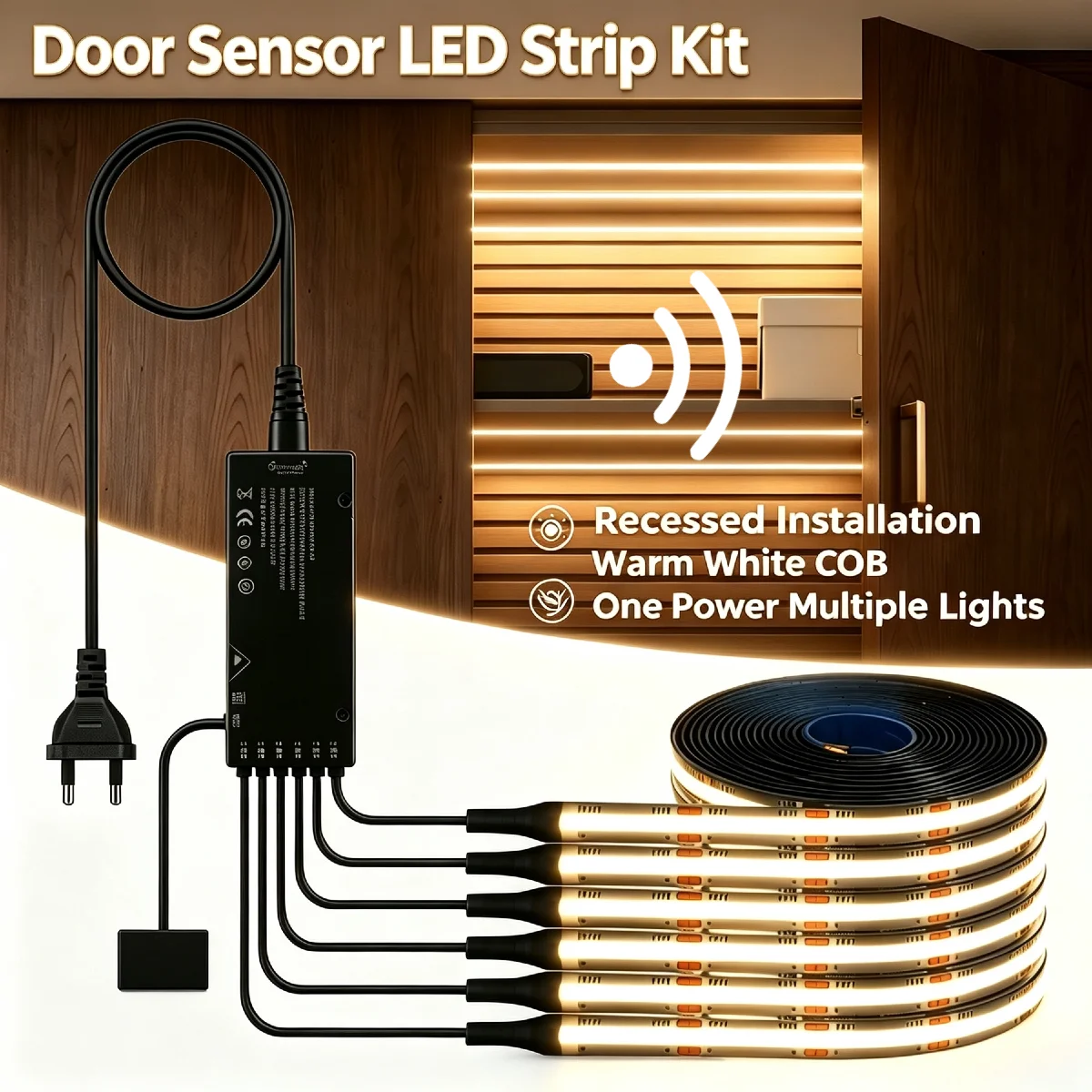 1‑10PCS Black PCB COB LED Strip Set, Door‑Activated Sensor Switch, Uniform Glow Adhesive Tape Light for Closet Cupboard Cabinet