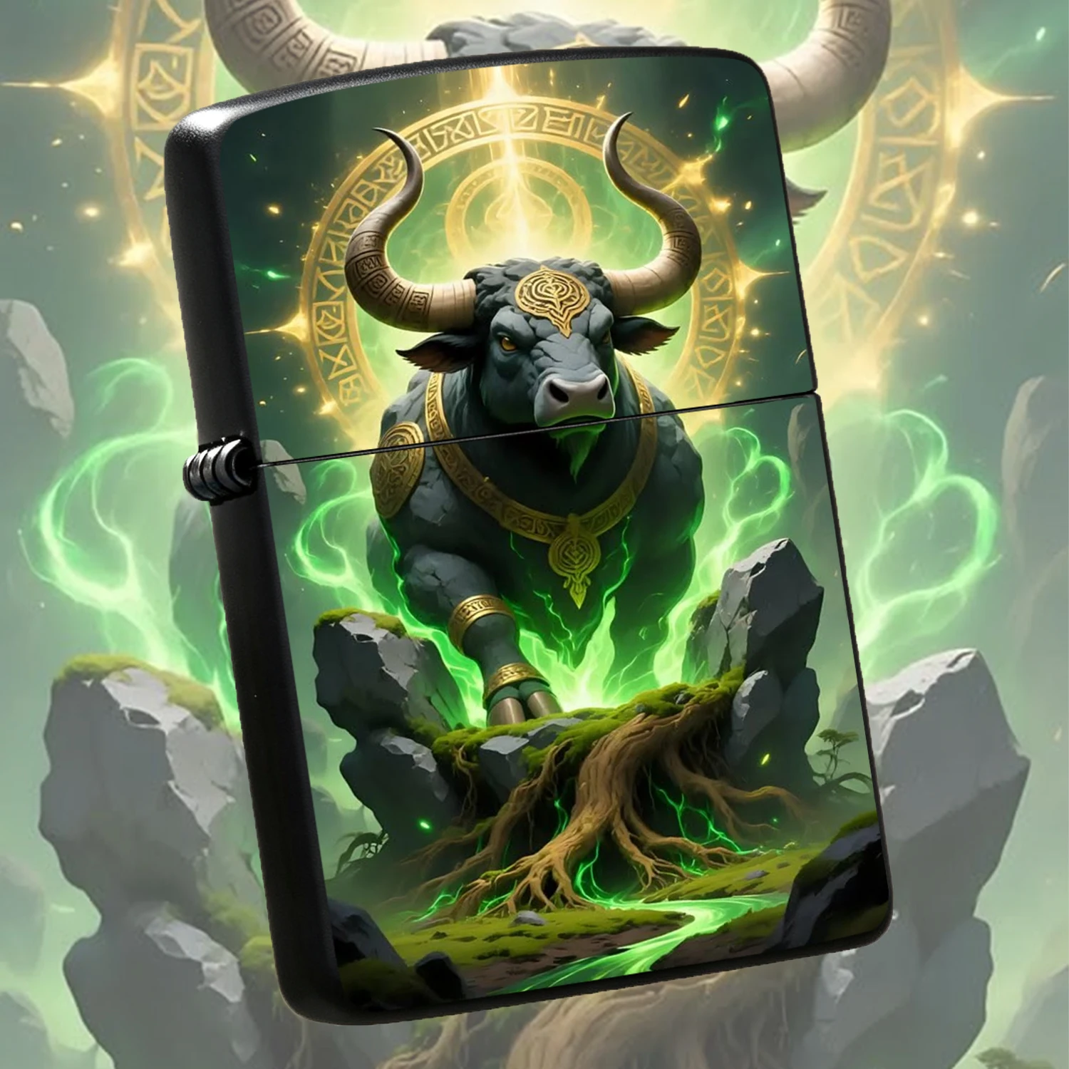 Mystical Sacred Bull Themed Lighter, Exquisite Art Pattern With Glowing Green Energy And Golden Rune Halo, Stylish Portable Accessory For Daily Use, Outdoor Adventures And Gifting, Unique Divine Ornament For All Scenarios A Humorous And Int