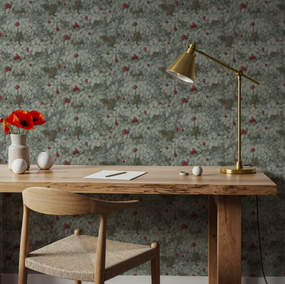 Customized mural with light green leaves and brown branches, featuring a forest canopy and bright red berry pattern wallpaper