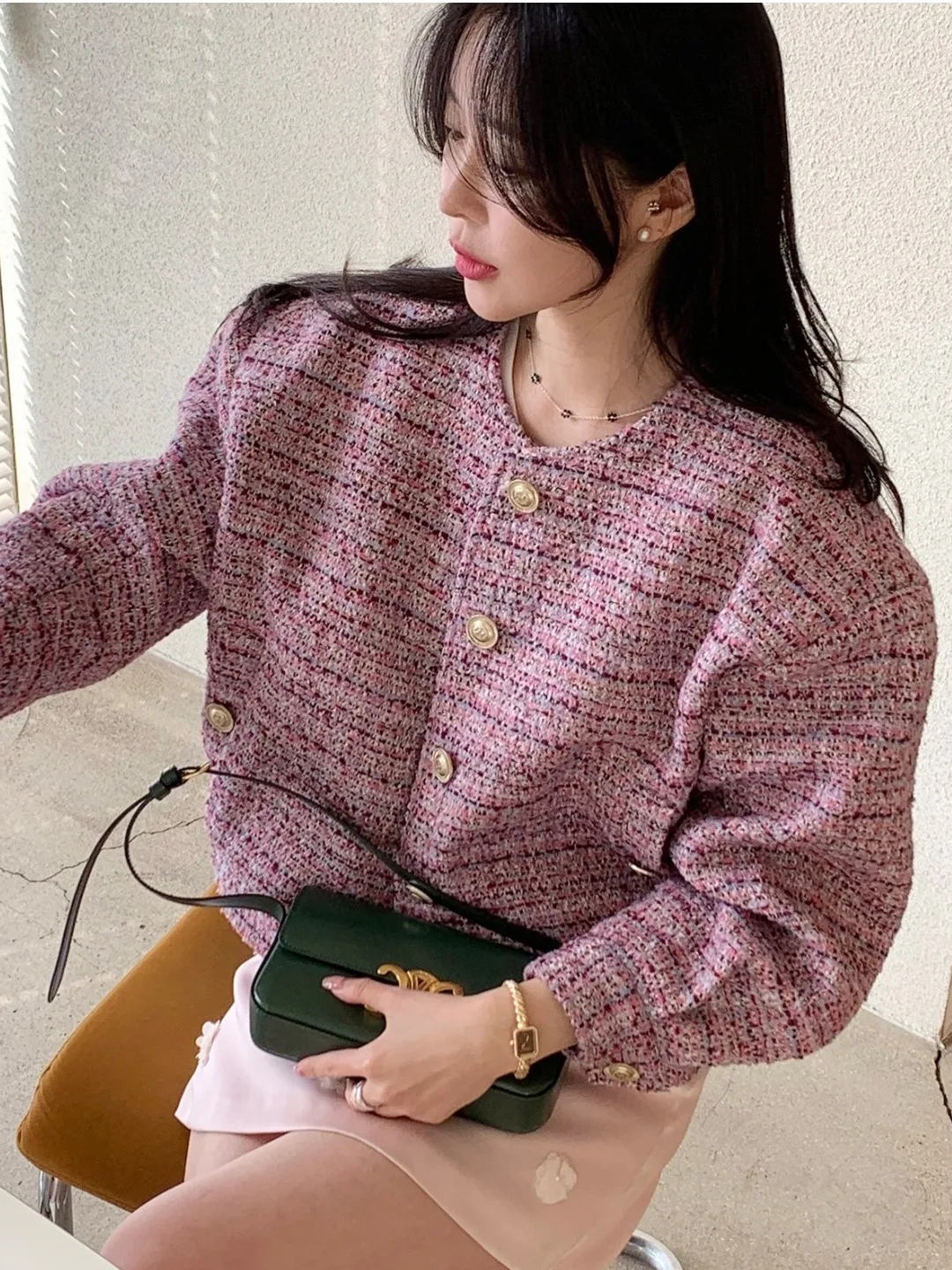 Korean Style Mature Light Woolen Miniature Jacket Short Outerwear Women Elegant round Neck Single Button High-End Feeling Top