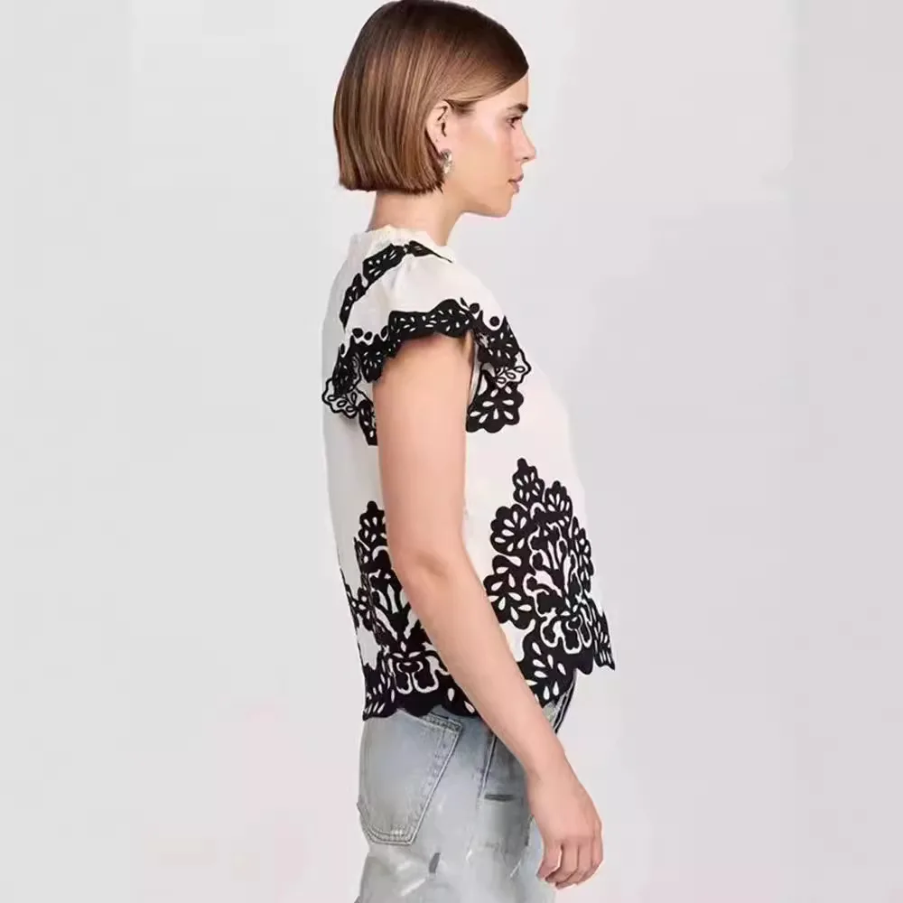 2025 Sezanes Fashion Shirt Short Sleeve Summer Vintage Black and White Applique Embroidery Elastic Round Neck Fly Sleeve T-Shirt