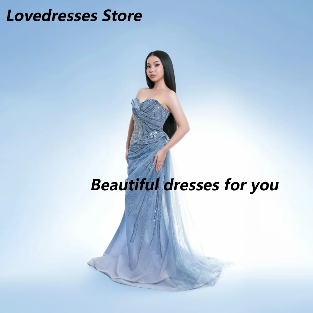 Customized Dusty Blue Strapless Sweetheart Ruched Mother Of Bride Dresses Crystal Beaded Mermaid Tulle Train Wedding Guest Gown