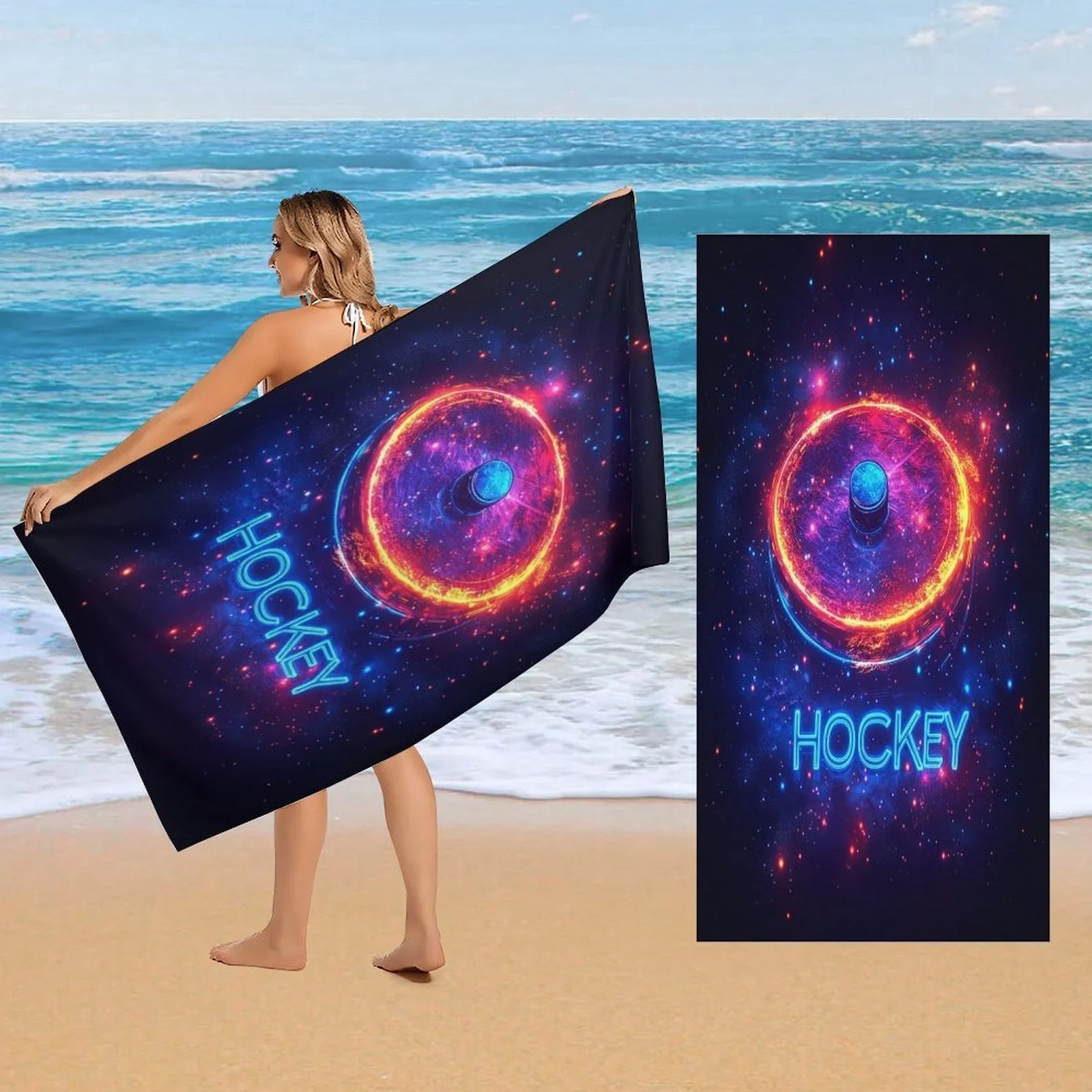 Large Cosmic Hockey Themed Beach & Bath Towel - Super Absorbent Quick-Dry Microfiber with Neon Glow Hockey Puck & Stars Design