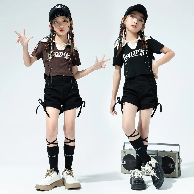 Criança hip hop roupas marrom lapela v pescoço colheita topo t camisa rua cordão ruched shorts para meninas trajes de dança jazz roupas