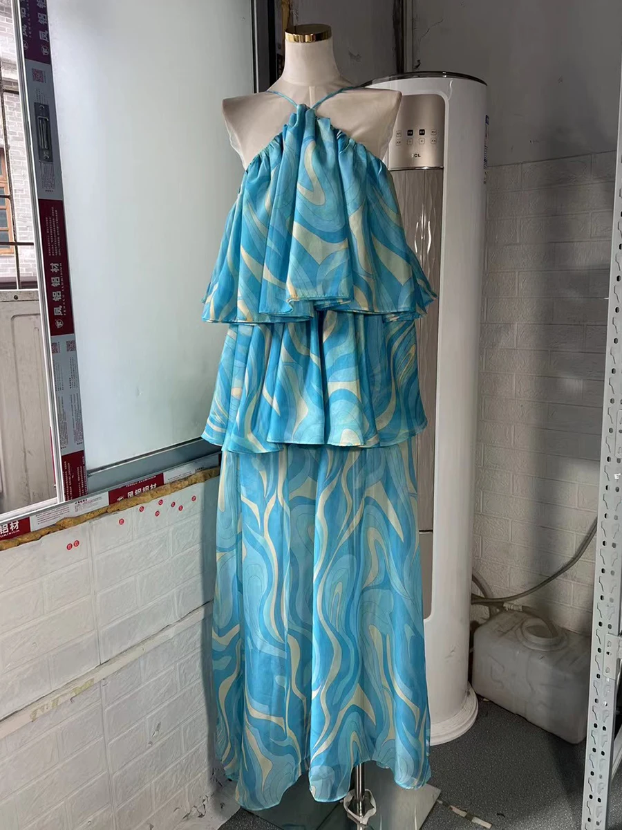 VGH موضة مساء بقماش شفاف فستان طويل للنساء الرسن تقسم متعدد الطبقات الكشكشة بلا أكمام فساتين الحفلات التدرج الإناث #4