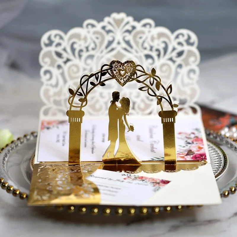 

100pcs Wedding Invitations Card With Envelopes Bride & Groom 3D Heart Pocket Cards Wedding Mariage Party Decorations Supplies