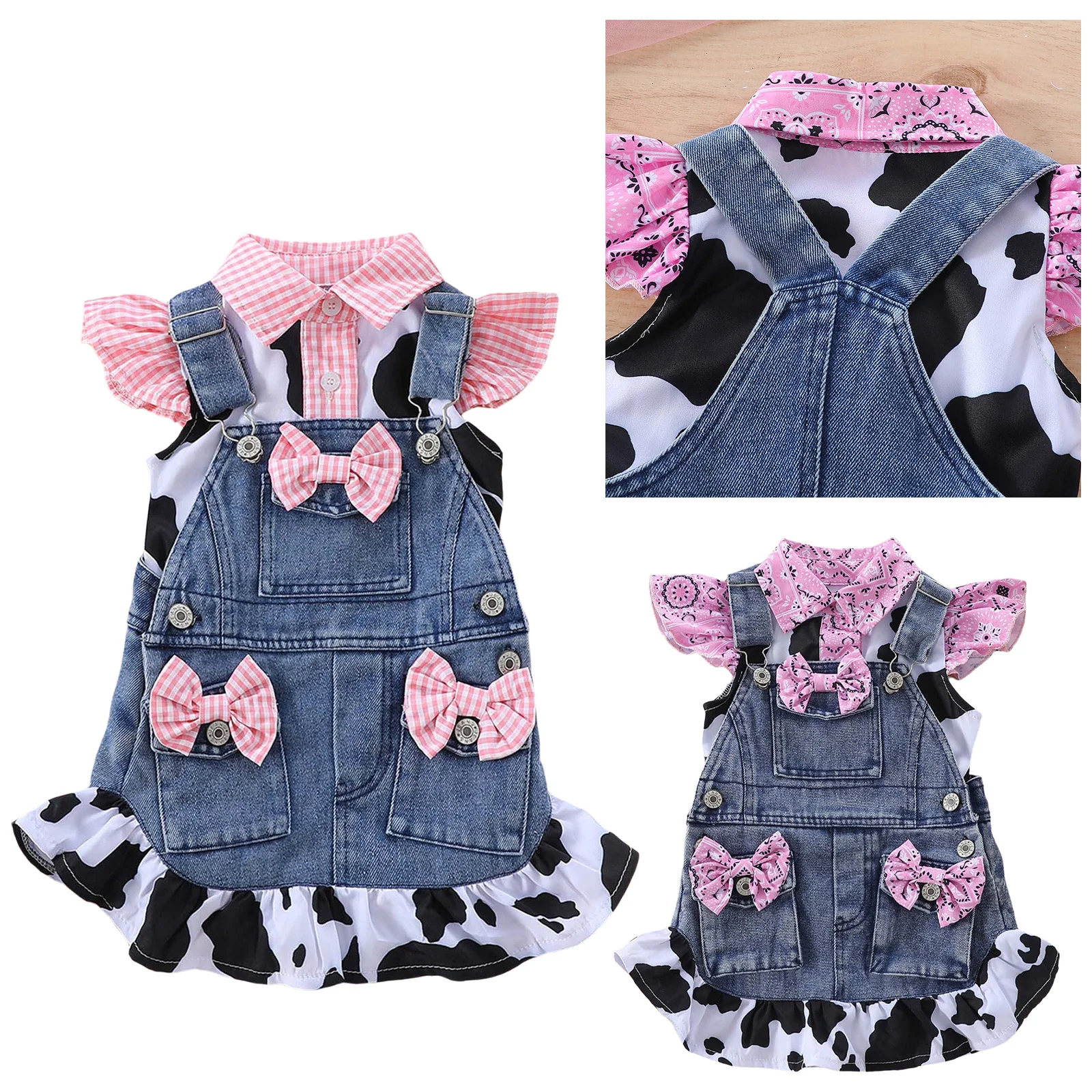 Toddler Cowgirl Outfit Kids Denim Overall Dress Set Cow Print Button Up Shirt Jeans Suspenders Skirt with Pockets Suits Costume