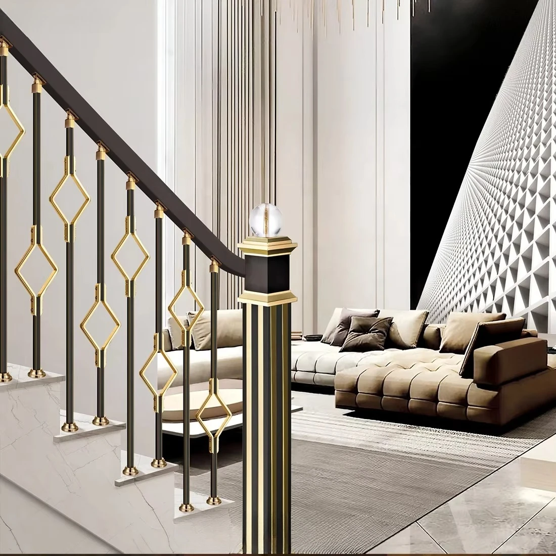 Luxury aluminum and brass interior stair balustrades adorn pillars and columns