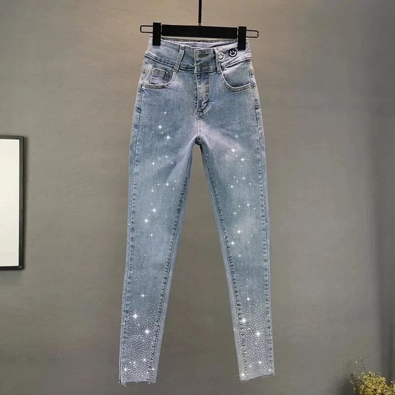 

SpringSummer New Vintage Streetwear Jeans Women Slim High Waisted Strench Diamonds Lady Casual Elastic Pencil Denim Female Pants