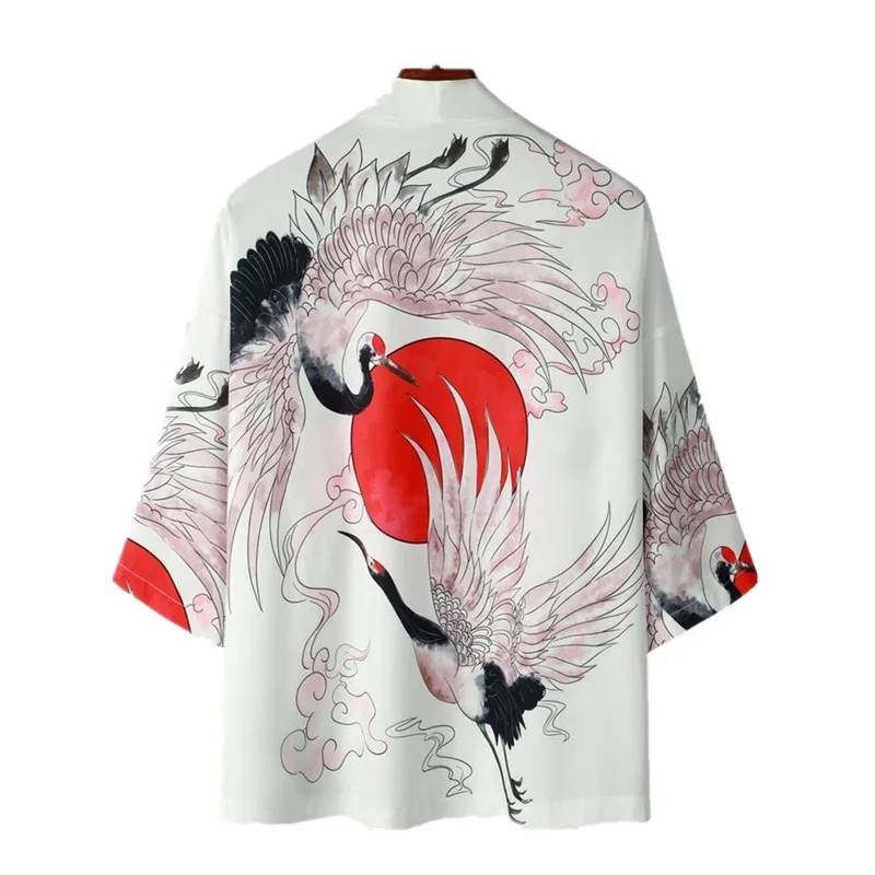 Summer New Casual Unisex Red Sun Cloud Crane Haori Kimono Cardigan 1/2 Sleeve Open Front Japanese Yukata Trend Streetwear
