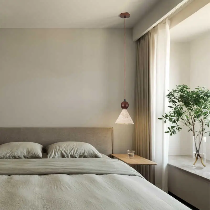 Japandi Minimalist Pendant Light Natural Travertine Limestone E27 Wood Accent Warm Light for Home Office Study view 4