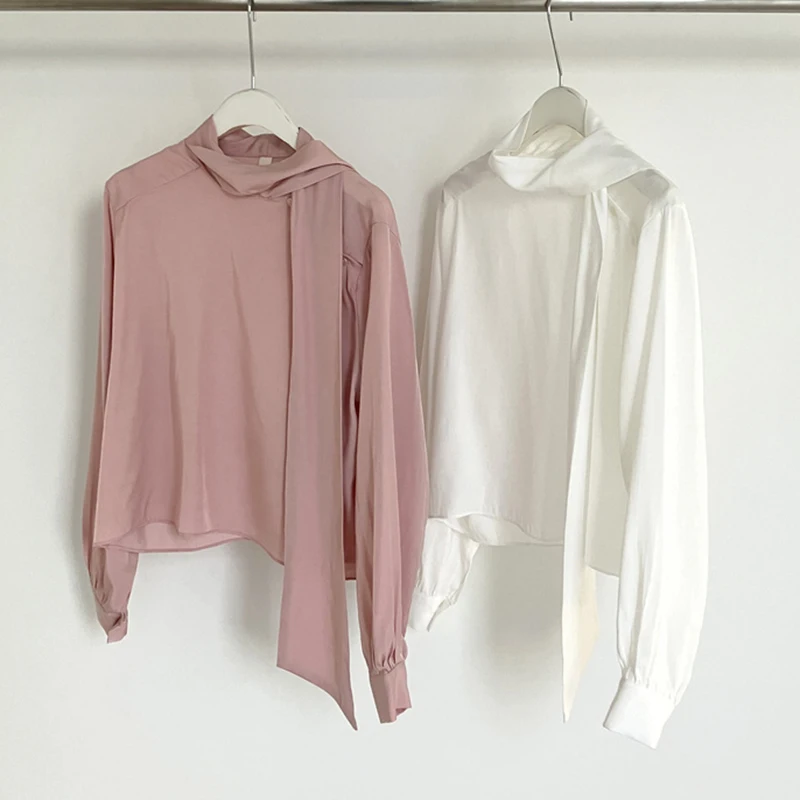 

Chic Spring Casual Loose Women's irt Stand Collar Sa Design Bubble Sve Top Faionable Versatile Comfortable Fit