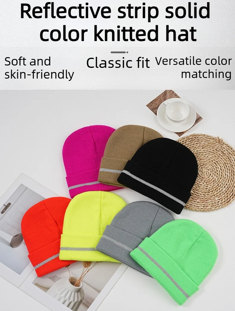 Fluorescent Knit Beanie Hat Reflective Warning Warm Winter Outdoor Pull On Cap for Men Cycling Railway Cold Weather