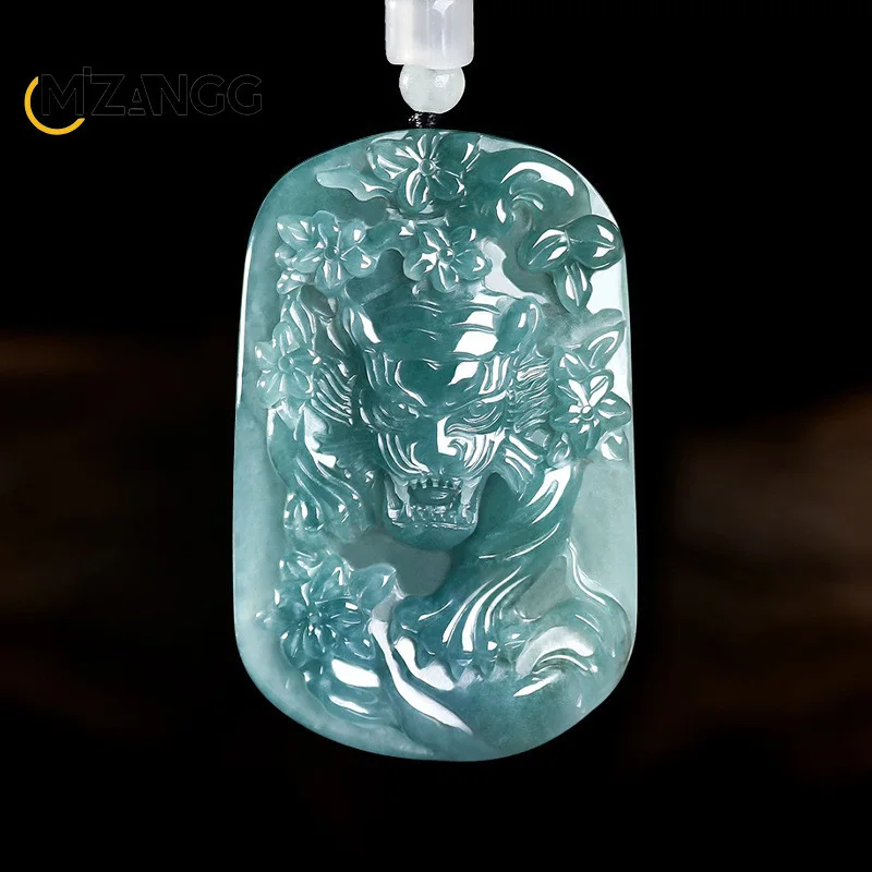 Natural Jadeite Blue Water Tiger Roaring Mountain Forest Pendant High-end Exquisite Ice Jade Necklace Men and Women Holiday Gift