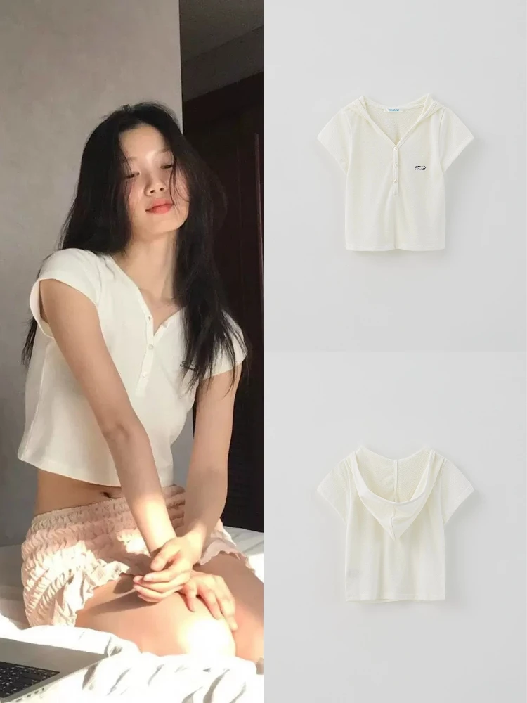 

Sle f Button Knitted White V-Ne ort Sve T-irt Women's Simple Faion Pure Color Slim Fit Summer Top