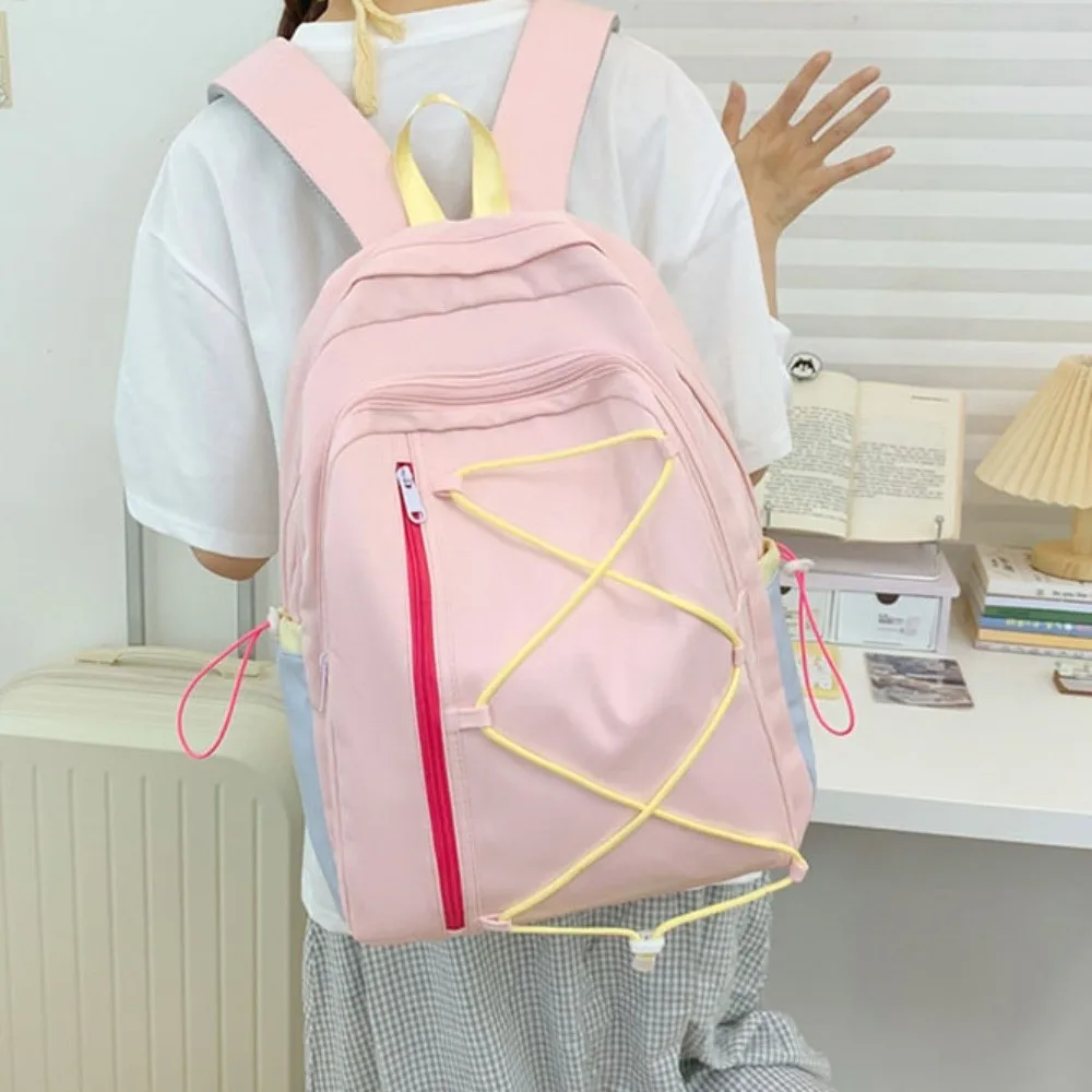 Portable Multi-pockets Drawstring Backpack Solid Color Large Capacity Student School Bag Durable Cloth Travel Rucksack Students