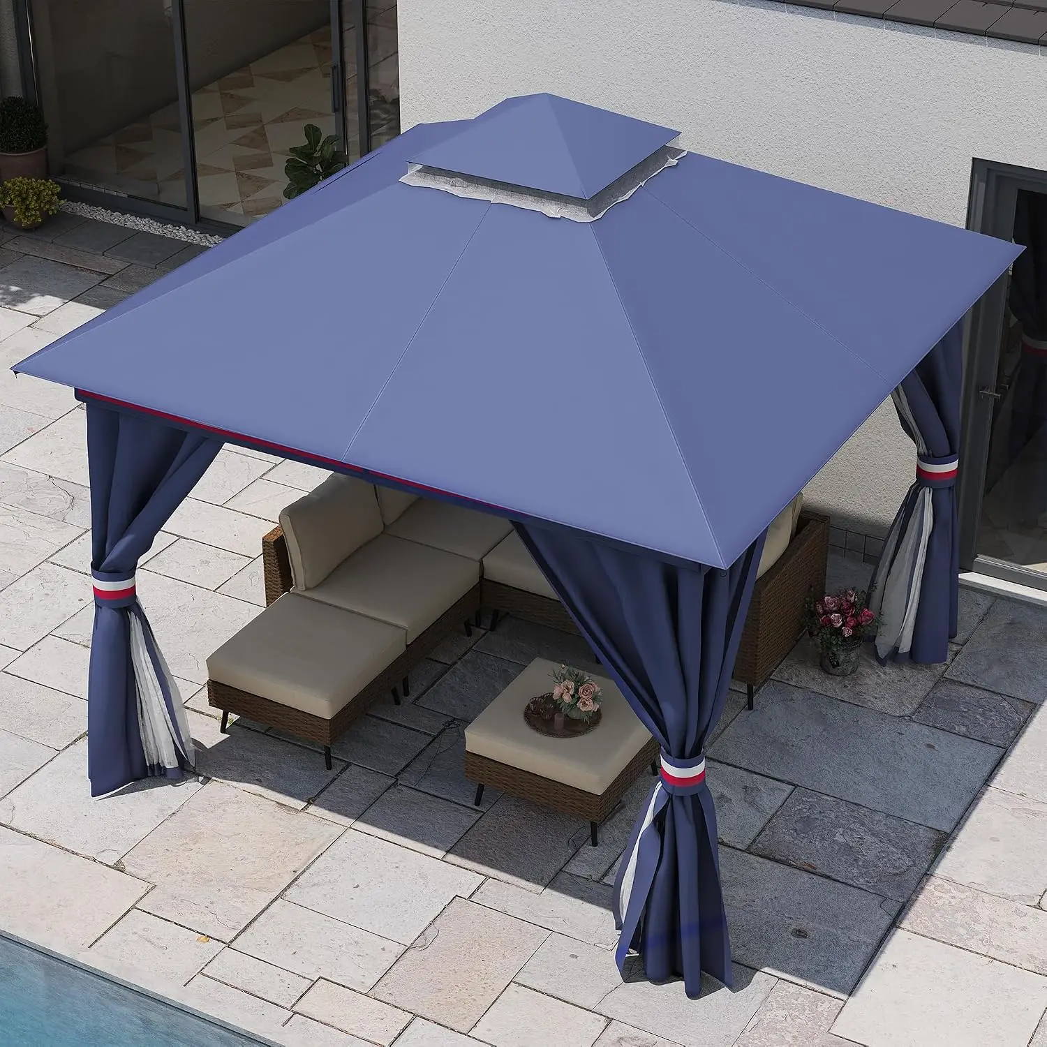 10'x10' Heavy Duty Patio Gazebo with Double Roof, Mosquito Netting & Privacy Screen for Backyard Garden Lawn, Blue, Customized