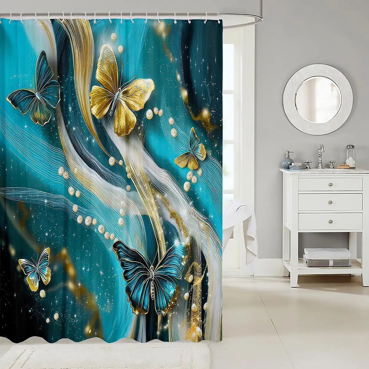 Teal Gold Butterfly Shower Curtain, Glitter Pearl Flowing Ribbon Print Waterproof Bathroom Curtain, Luxury Abstract Bath Decor