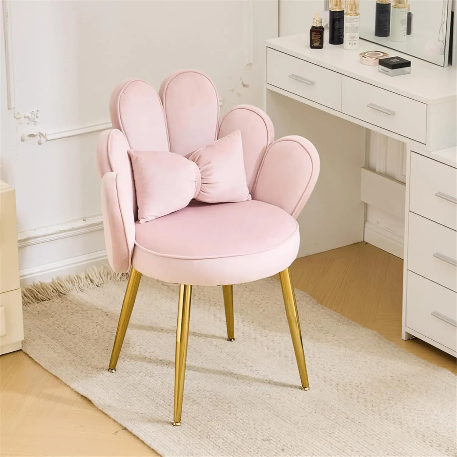 

Petal Makeup Vanity Chair with Back,Flower Cute Girls Desk Chair Comfy No Wheels,Modern Dining Chair,Small Accent Chair with Adu