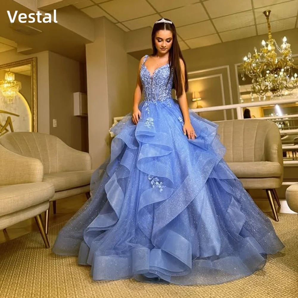 Elegant Sparkly Tulle Prom Dress A Line V Neck Lace Applique Tiered Ruffle Evening Ball Gown Quinceanera Princess Customized