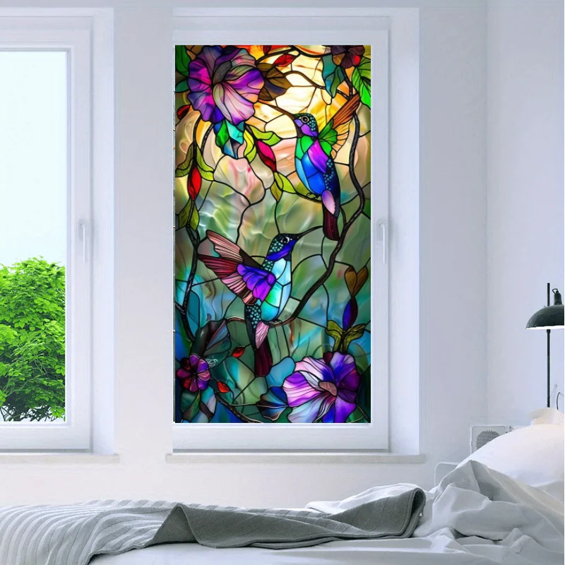 【1pc Hummingbird Floral Stained Glass Window Film】Large Size 2D Flat Print Exquisite Texture