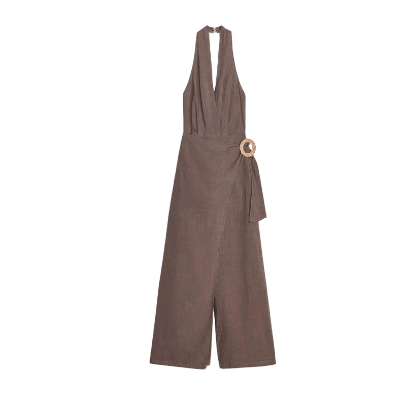 Novo acão F de Verão em Aodão e Linho com Gola e Botões Decorativos, Estilo Férias, Calça de Cintura Alta e Perna...