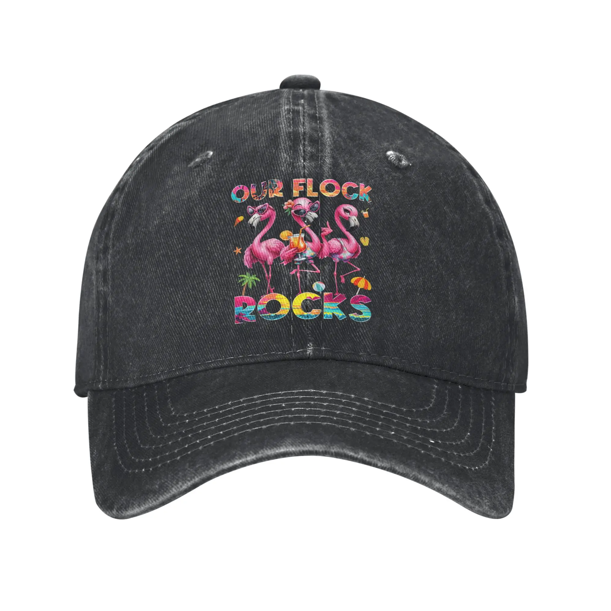 Fashion Our Flock Rocks Flamingo Baseball Caps Men Women Distressed Cotton Sun Cap  Outdoor All Seasons Travel Gift Caps Hat