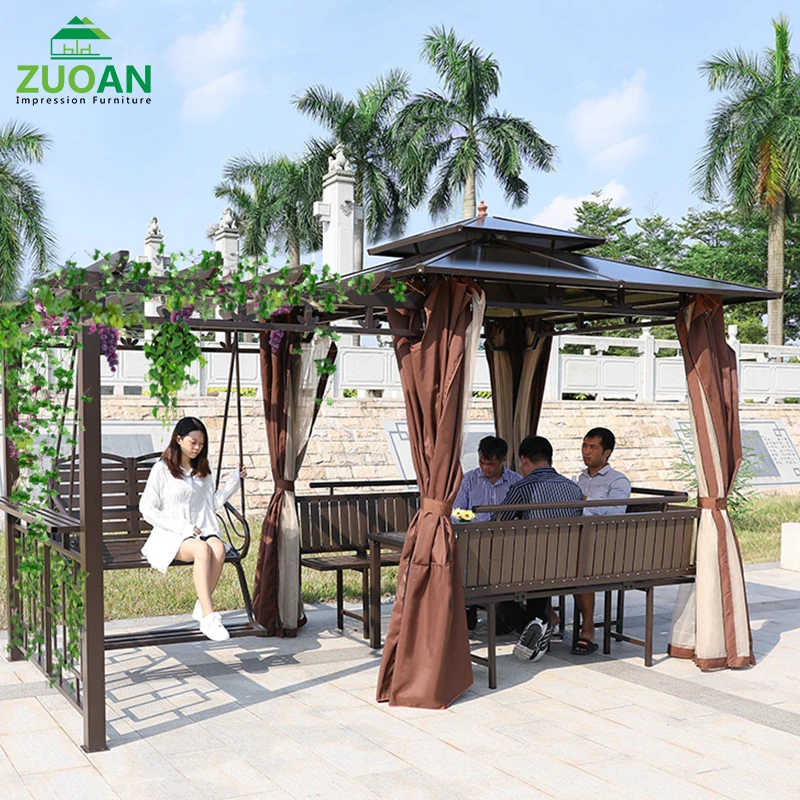 Patio Outdoor Furniture Swing Table Gazebo Set 3x3 Aluminum Metal Pergola Gazebo Outdoor with Pvc Roof