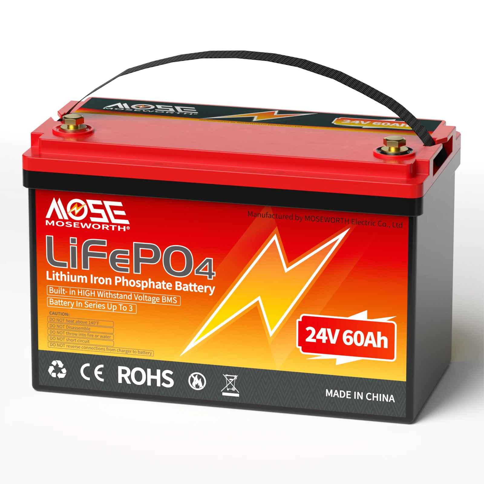 MOSEWORTH 24V 60Ah LiFePO4-Batterie, Lithium-Eisenphosphat-Akku, wiederaufladbar, mit integriertem BMS für Wohnmobil, Wohnwagen, Boot, Wechselrichter, Bateria