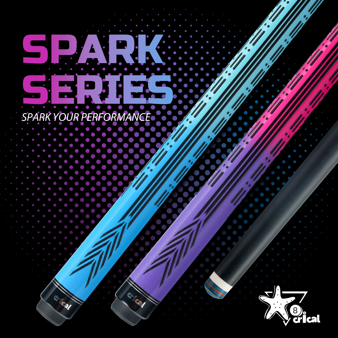 Junior Pool Cue Carbon Fiber Shaft 3D Laser Engraved Grip 42/48 Inch 12.5mm Tip 2-Piece SPARK for Kids CRICAL