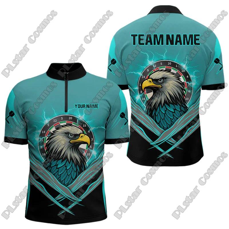 Custom Name Blue Thunder Lightning Eagle Dart & Dartboard 3D Printed Fashion Men Summer Zip Polo Shirt Dart Team Jerseys XKP20