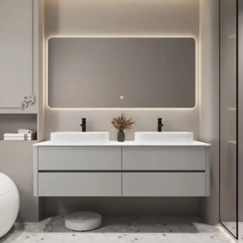 

Современный деревянный туалетный столик для ванной комнаты с двойной раковиной, водонепроницаемый шкаф для ванной комнаты