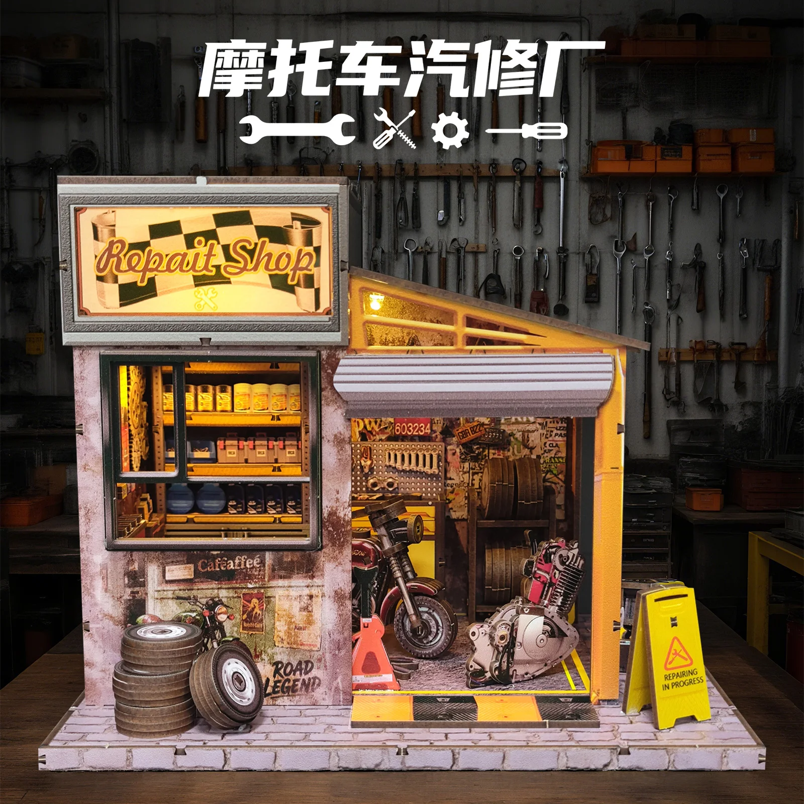 

Diorama Motorcycle Workshop Model Wooden DIY Assembly Cottage Vintage Dollhouse Scene