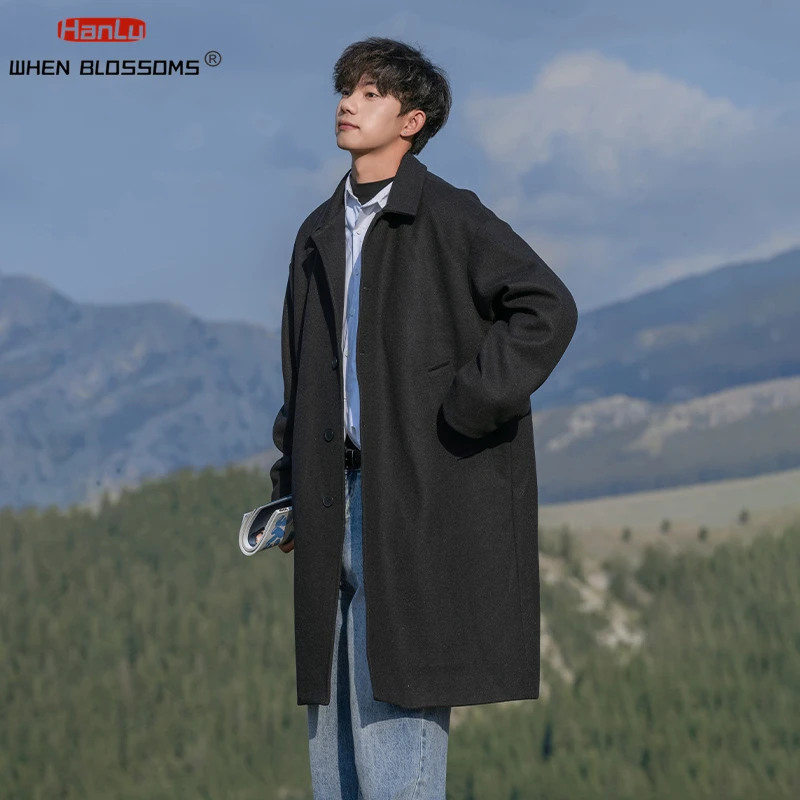 HANLU Woolen Trench Coat Men Autumn Winter Warm Knee Length Windproof Thick Collar Jacket Korean Male Loose Classic Long Jackets