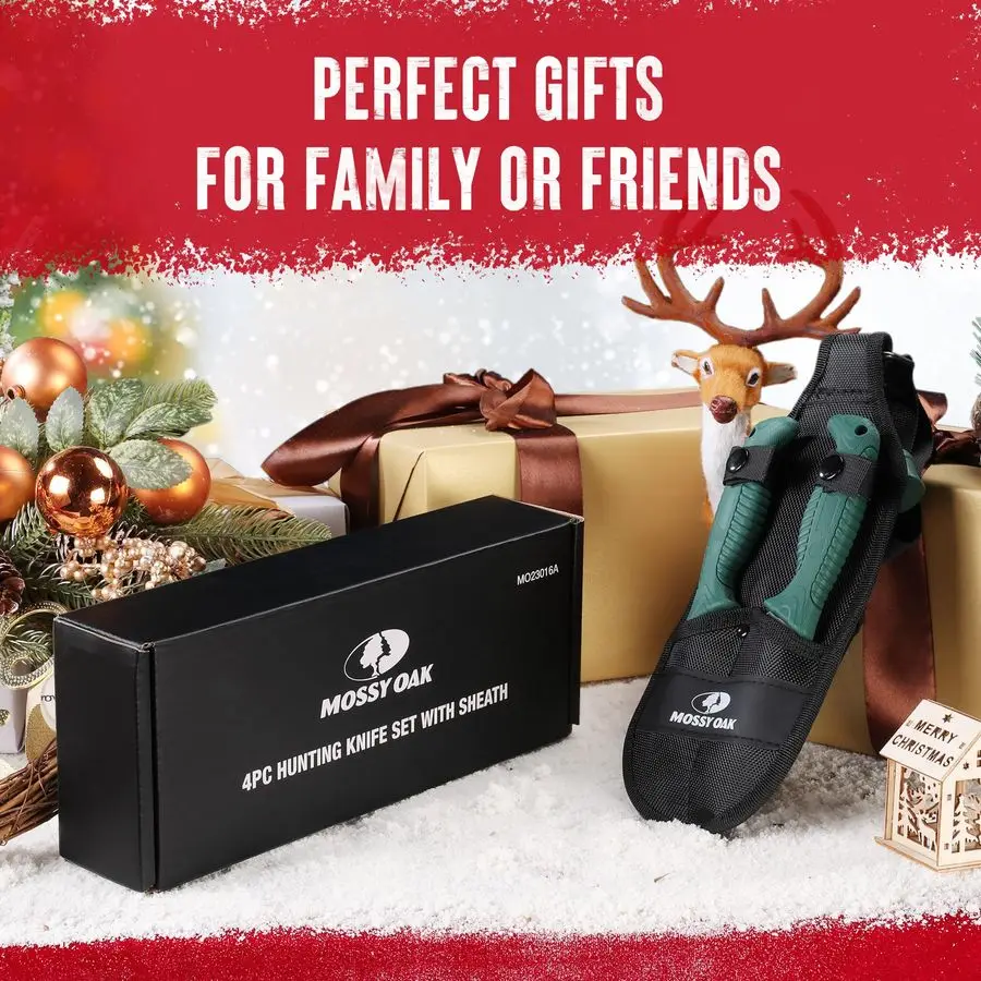 Field Dressing Kit, 4 Pcs Hunting Knife Set with Portable Sheath, GutHook Skinner, Caping Knife, Wood Bone Saw, Knife Sharpener,