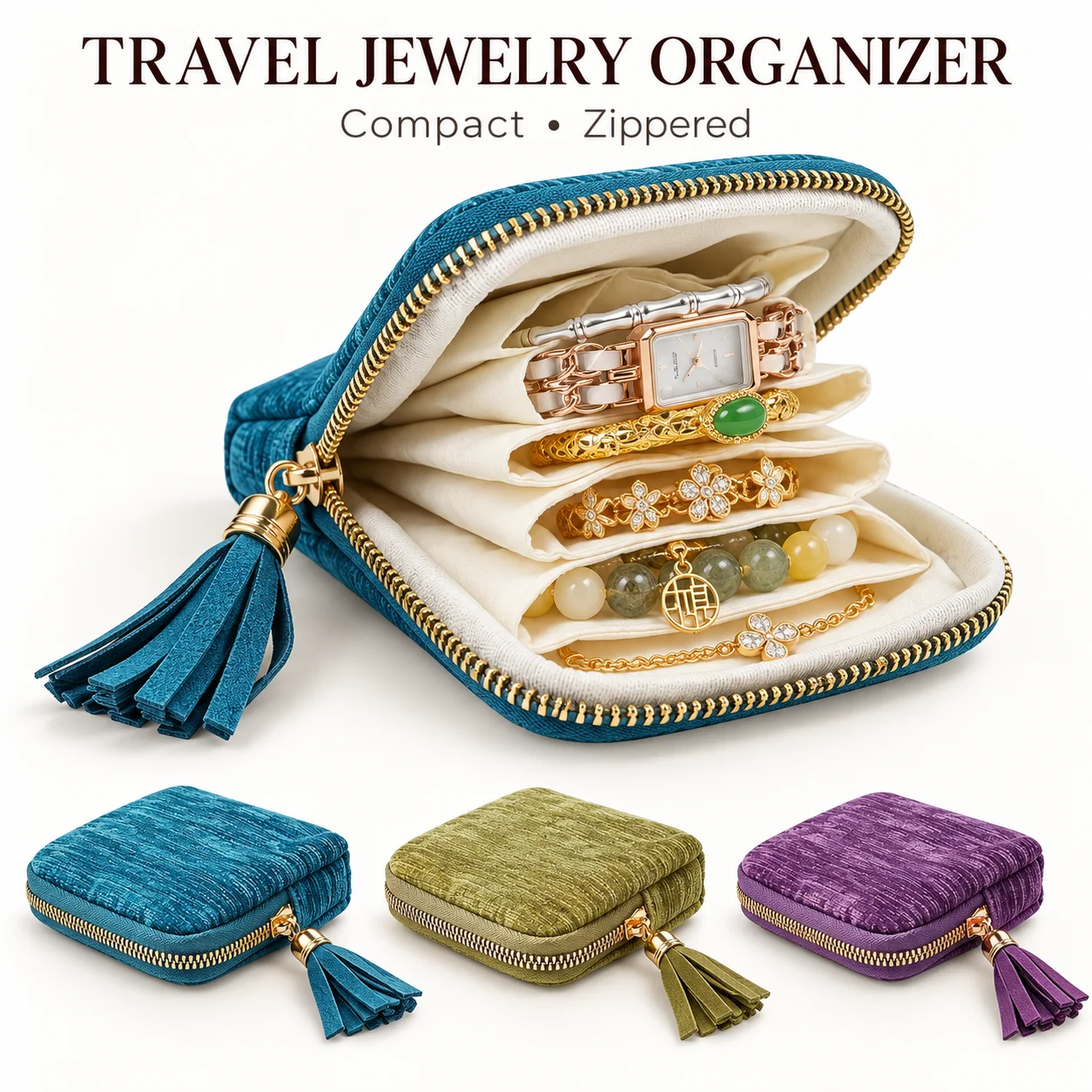 5 Layer Velvet Jewelry Storage Bag Multi Compartment Travel Pouch Zipper Tassel Rings Earrings Bracelet Organizer