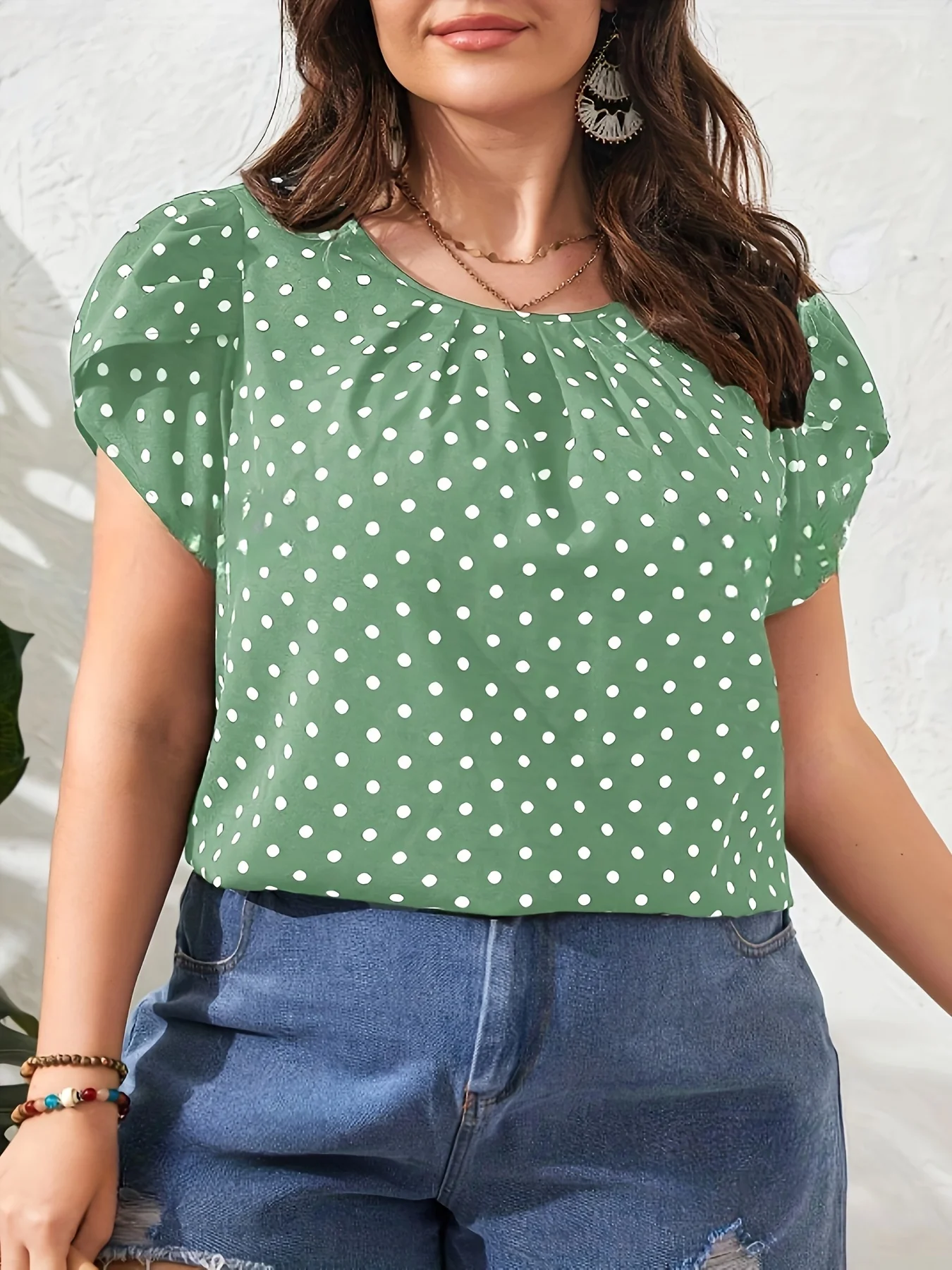 Plus Size Summer Women Elegant Polka Dot Shirt Casual Fashion Crew Neck Tops Office Lady Loose Curve Clothing