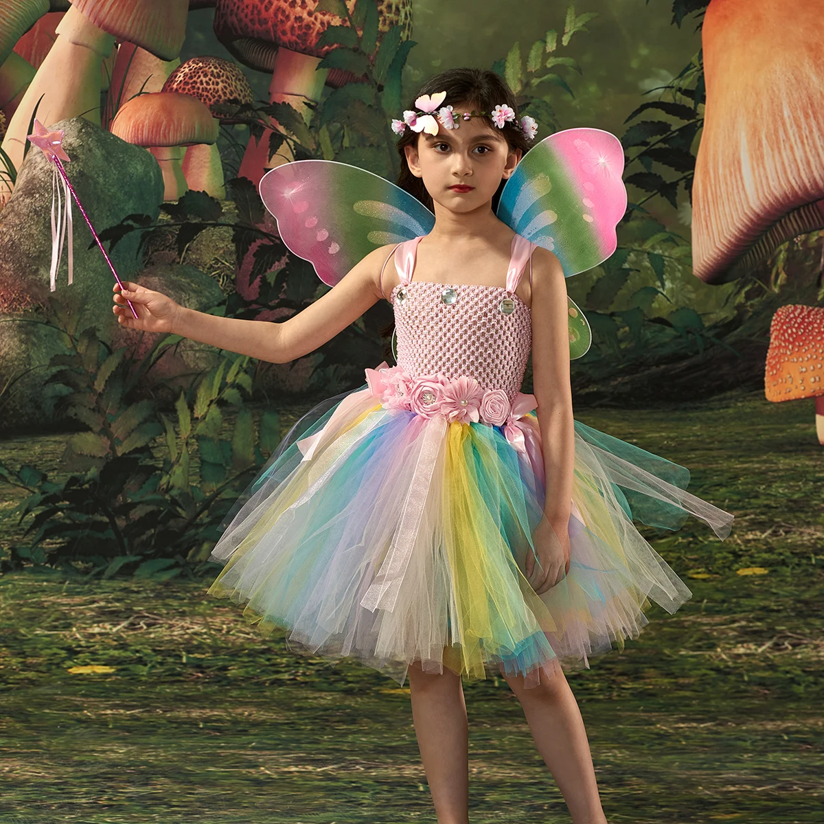 Girls Pastel Flower Fairy Tutu Dress with Wing Wand Children Birthday Halloween Party Costumes Butterfly Fairy Fancy Dresses