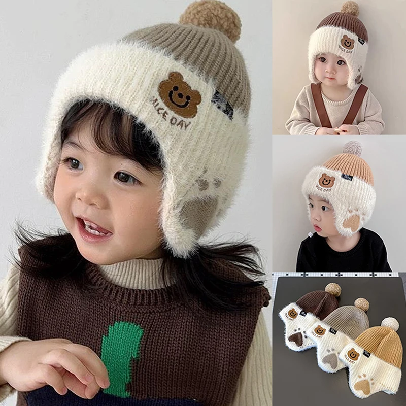 Children Plush Earmuffs Cap 1-6year Kids Winter Warm Knitted Hat Baby Bear Beanie Toddler Ear Protection Caps