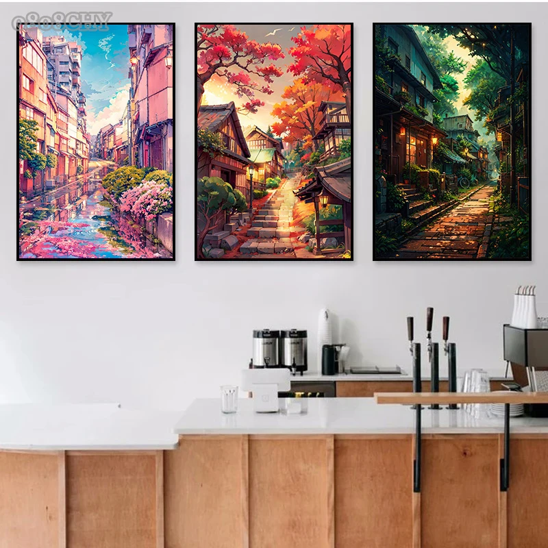 Japanese Street Scenery Sakura Architecture Canvas Posters and Prints Wall Art Paintings Mural for Modern Living Room Home Decor